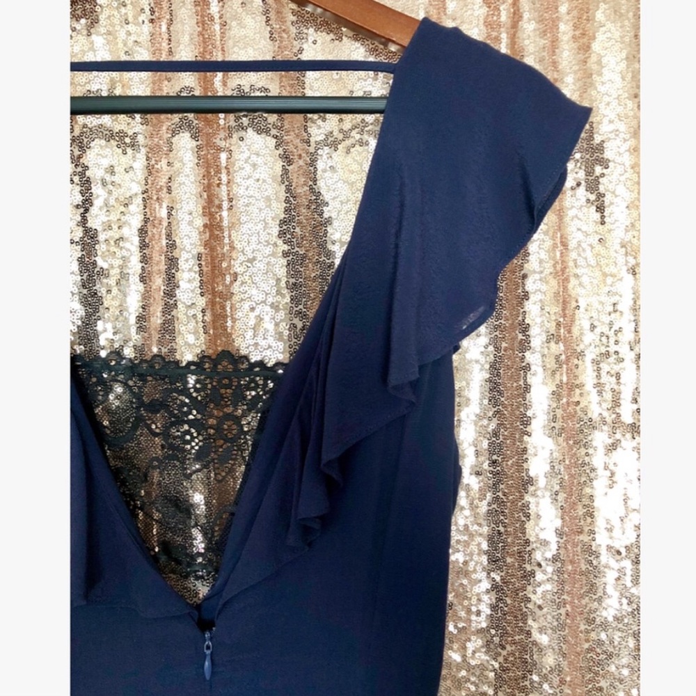 Navy Blue & Black Lace Plunging Double Split Hem Midi Slip Dress - Picture 8 of 10